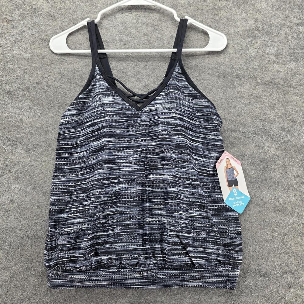 Free Country Tankini Womens S Black Striped Lined Built In Bra Padded UPF50+